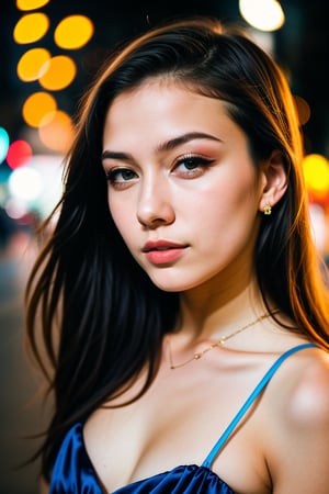 instagram photo, closeup face photo of 18 y.o swedish woman in dress, beautiful face, makeup, night city street, bokeh, motion blur
