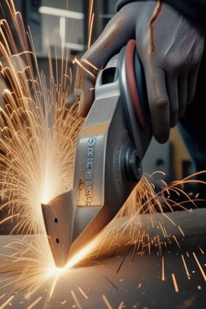 UpHD, 4K, realistic photo of a person hand grinding grinding iron with a lowlight model photo, lots of sparks from the iron. wear work clothes with the words (QUARTO) on them, Light master,Detailedface,lightshapes