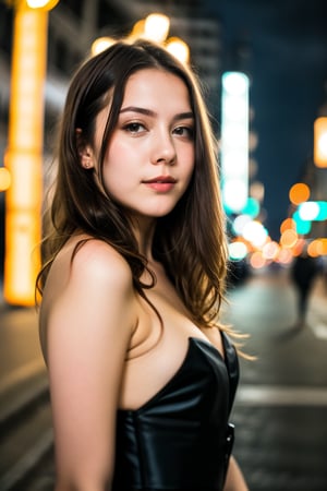 instagram photo, closeup face photo of 18 y.o swedish woman in dress, beautiful face, makeup, night city street, bokeh, motion blur
