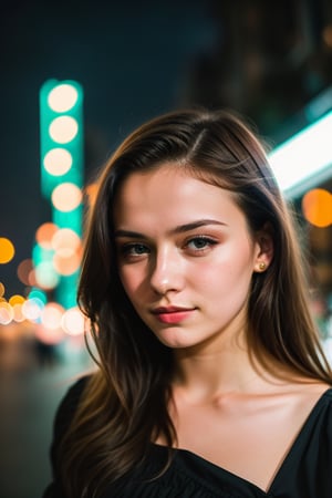 instagram photo, closeup face photo of 18 y.o swedish woman in dress, beautiful face, makeup, night city street, bokeh, motion blur
