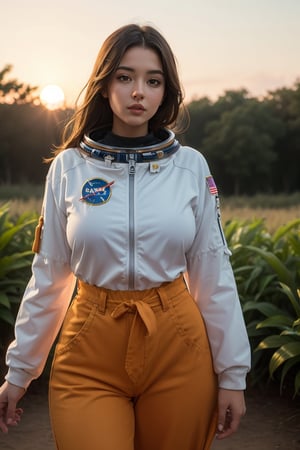 An astronaut in an orange astronaut outfit, standing against a sunset background. The astronaut is positioned front facing and is shown from the waist up. The sunset provides a warm and vibrant color palette. The scene is surrounded by lush plants, adding a touch of nature to the composition. The image quality is top-notch and high-resolution, with ultra-detailed features. The style of the artwork is realistic, with vivid colors and professional craftsmanship. The lighting accentuates the astronaut's figure, creating a captivating atmosphere,   , 