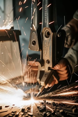 UpHD, 4K, realistic photo of a person grinding iron with a lowlight model photo, lots of sparks from the iron. wear work clothes with the words (QUARTO) on them