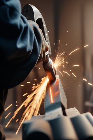 UpHD, 4K, realistic photo of a person hand grinding grinding iron with a lowlight model photo, lots of sparks from the iron. wear work clothes with the words (QUARTO) on them, Light master,Detailedface,lightshapes