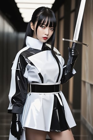 white marble background with reflections, woman holding a sword with her right hand, the sword passes behind the woman, left hand extended with the palm open, she is wearing a latex raincoat, half white, half black, cinched with a black and white belt, latex stockings up to mid-thigh, skirt opening, trench coat with short sleeves and wearing apretados latex gloves all over her arm. straight hairstyle black hair with bangs, , , , , ,xuer ai yazawa style girl,techwear jacket,black gloves,tactical ve,Samurai girl, , , ( lighting, dim lighting:1.2), simple background, LIGHT background, ,jisoo, , , 
