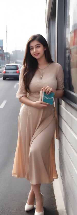 lovely  cute  young  attractive  indian  teenage  girl  in  a  pretty foreign dress,  23  years  old  ,  cute  ,  an  Instagram  model  ,  long  blonde_hair  ,  winter  ,  on the road  .  , books in hands „  Indian 