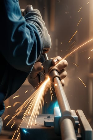 UpHD, 4K, realistic photo of a person hand grinding grinding iron with a lowlight model photo, lots of sparks from the iron. wear work clothes with the words (QUARTO) on them, Light master,Detailedface,lightshapes