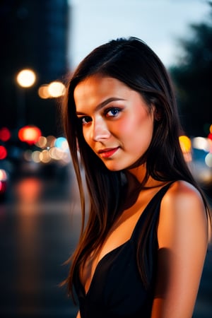 instagram photo, closeup face photo of 18 y.o swedish woman in dress, beautiful face, makeup, night city street, bokeh, motion blur
