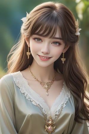 Beautiful, soft light, (beautiful and delicate eyes), very detailed, pale skin, big smile, (long hair), dreamy, medium chest, female 1, ((front shot)), bangs, soft expression, height 170, elegant , Bright smile, 8k art photo, photorealistic concept art, realistic, person, small necklace, small earrings, fantasy, jewelry, shyness, dreamy soft image, masterpiece, ultra high resolution, skirt, shirt, jacket, color , (both eyes (He gently closes his eyes, raises his head slightly, and appears absorbed in pleasant thoughts),dragon