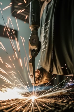 UpHD, 4K, realistic photo of a person grinding iron with a lowlight model photo, lots of sparks from the iron. wear work clothes with the words (QUARTO) on them