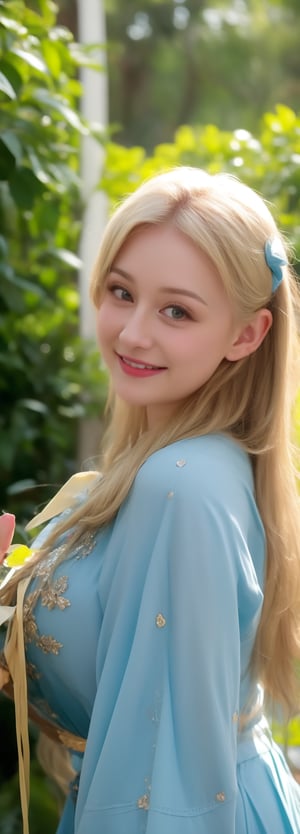 1girl, upper body, beautiful young woman, blonde, smiling, (in beautiful Ukrainian national costume of blue-yellow color), sunny day, botanical garden, realistic