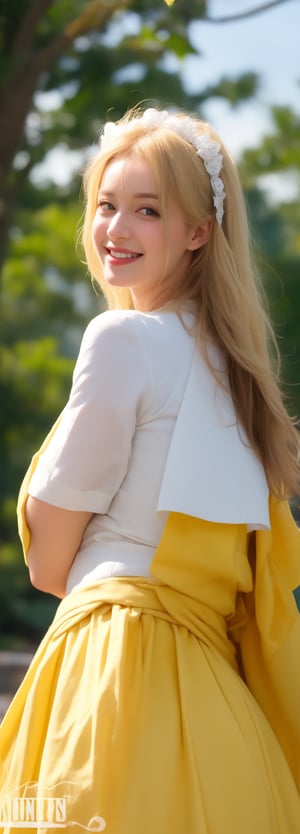 1girl, upper body, beautiful young woman, blonde, smiling, (in beautiful Ukrainian national costume of blue-yellow color), sunny day, botanical garden, realistic