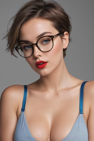 Masterpiece; realistic, 28-year-old woman (European), beautiful, belly-length, short hair, plump body, blue eyes, round glasses, slightly red cheeks, red lipstick, provocative appearance, (sending a kiss with her hand) open t-shirt with loose straps, low-cut chest, plump breasts, sexy look, epic shot, beautiful hands, simple background,