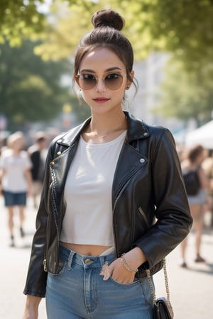A masterpiece in portraiture: a solo lady, exuding confidence and ease, showcases an upper body clad in a chic and edgy leather jacket. The jacket contrasts beautifully with a simple white t-shirt and distressed jeans. Her minimal makeup adds to her effortless charm, while her messy bun completes the look. The scene unfolds in the vibrant atmosphere of a music festival or a trendy downtown neighborhood. Her statement sunglasses and chunky jewelry accessorize her outfit perfectly. A cross-body bag slung over one shoulder adds to her convenience and completes the picture. Captured in the best quality, every detail is brought to life in this stunning image. (Phot
