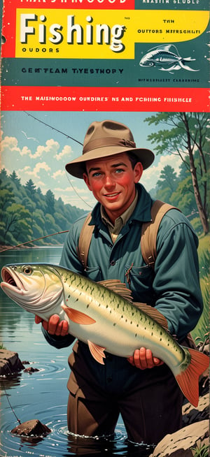a classic 1950’s fishing magazine cover for “Marshwood outdoors”,<lora:659095807385103906:1.0>