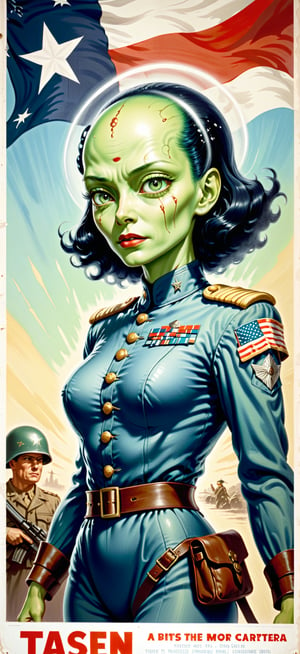 a 1940’s American propaganda war poster, a beautiful humanoid alien woman dressed in tattered military clothing stands ready for battle,