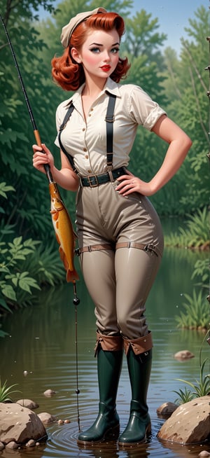 a classic 1950’s advertisement, beautiful young pinup girl wearing hip waders,fishing,,<lora:659095807385103906:1.0>