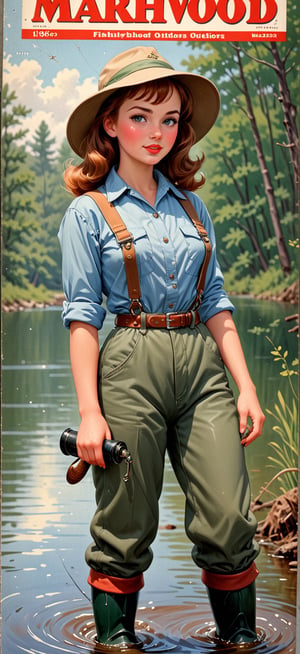 a classic 1950’s fishing magazine cover for “Marshwood outdoors”, pretty young woman, hip waders, fishing hat,,<lora:659095807385103906:1.0>