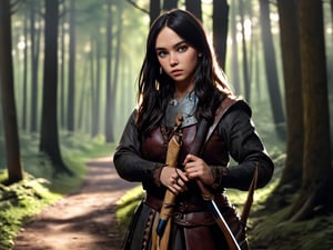 a young female medieval barbarian holding her bow, a dark forest path at night,
(high detailed skin:1.2),real_hands,pandora,
8mm lens,(hyper realistic:1.2),(highly detailed shadows:1.2),bokeh,