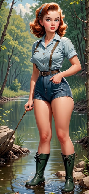a classic 1950’s American poster for “Marshwood outdoors”, beautiful young pinup girl wearing hip waders,fishing,,<lora:659095807385103906:1.0>