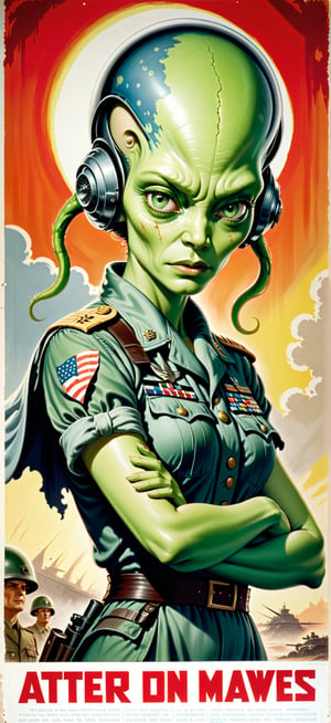 a 1940’s American propaganda war poster, a humanoid alien woman dressed in tattered military clothing stands ready for battle,
