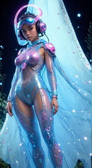 a beautiful young polynesian woman in a sheer silk short romper vaultsuit, sheer floral embroidery, sheer hooded cloak, goggles with headset, knee length boots, futuristic:1.5, sci-fi:1.6, hybrid, mutant, (light blue, translucent blue and pink color:1.9), (full body:1.9), standing, fantasy, ufo, front view, unreal, epic forest, alien planet background,
cameltoe, ,Perfect Hands, ,<lora:659095807385103906:1.0>,<lora:659095807385103906:1.0>