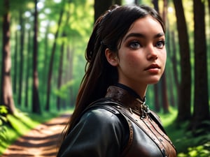 a young female medieval warrior, a dark forest path,
(high detailed skin:1.2),pandora,
8mm lens,(hyper realistic:1.2),(highly detailed shadows:1.2),bokeh,