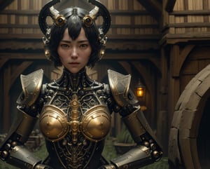 Realm of the Elderlings,misyt,golden,god rays,
young sexualized female robot stands amoung fields of rice,
masterpiece,detailed,intricate,sharp focus,hyper realistic,highly detailed face,highly detailed shadows,(cinematic lighting),
Half-timbered Construction,reelmech,carnal,magic-fantasy-mech