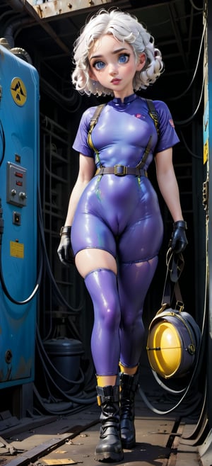 a 1950’s young sexually aroused girl in a tight damaged blue vault suit stepping out of an industrial bunker, dark purple parted lips, short curly greasy white hair, rusty, goggles with headset, backpack, nuclear safety poster, harness, rubber boots, retro, yellow,