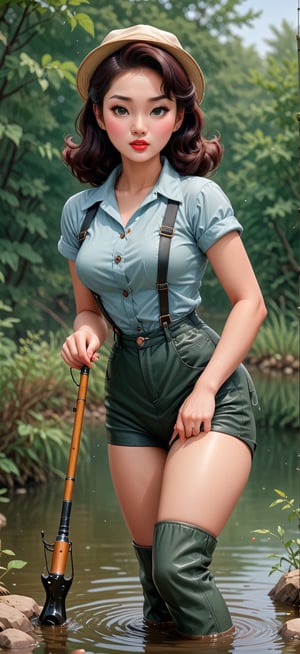 a classic 1950’s pinup, beautiful young Korean woman wearing hip waders,fishing,,<lora:659095807385103906:1.0>
