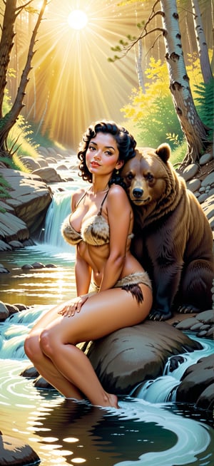 classic 1950’s pinup in the style of Norman Rockwell, a beautiful young cherokee woman in a fur bikini bottom snuggling with a bear, next to a flowing creek, sun rising just over the trees creating golden rays of sunshine,
