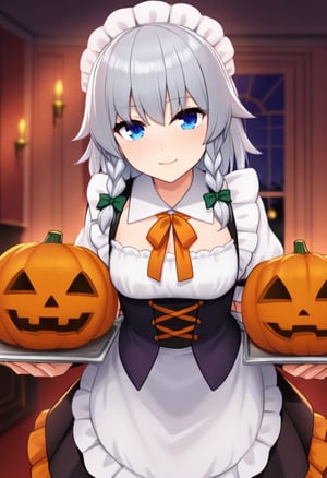 masterpiece, best quality, very aesthetic, newest. 1girl, solo, izayoi sakuya, halloween, alternate costume, halloween costume, adapted costume, blue eyes, grey hair, medium hair, twin braids, maid headdress, maid, looking at viewer, smile, indoors, night, scarlet devil mansion, jack-o'-lantern