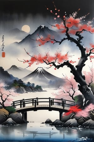 Aquarell, peinture japonaise, un beau black and red samurai s'entraîne sur le fallait, vue d'oiseau rapprochée, rivière, faible contrast, cherry blossom trees incorporated,
art by ukiyo-e.