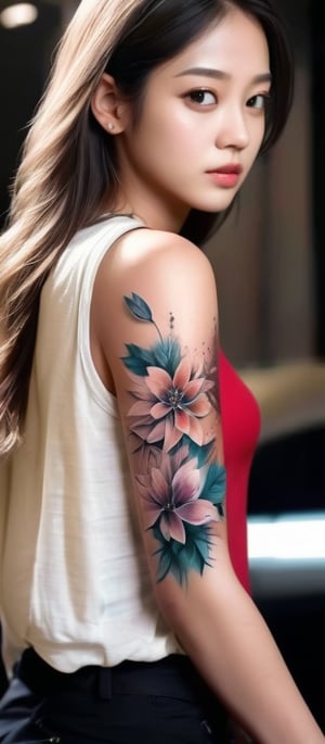 Realistic, masterpiece, high quality. A human female with a tattoo on her arm. A beautiful flower tattoo