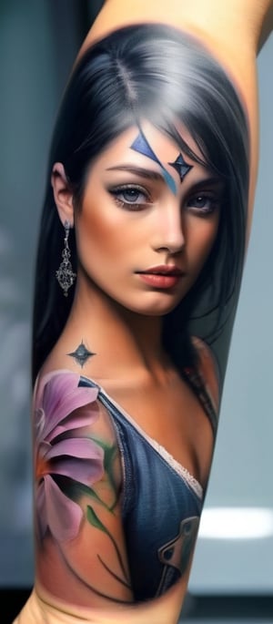 Realistic, masterpiece, high quality. A human female with a tattoo on her arm. A beautiful gemstone tattoo