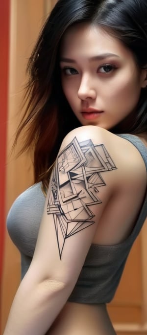 Realistic, masterpiece, high quality. A human female with a tattoo on her arm. A beautiful geometric tattoo