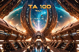 ((best quality)), ((masterpiece)), ((realistic)), (hyper detailed), Text "(TA 10K:1.4)" written on the outside of a futuristic spaceship travelling through space
