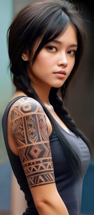 Realistic, masterpiece, high quality. A human female with a tattoo on her arm. A beautiful tribal tattoo