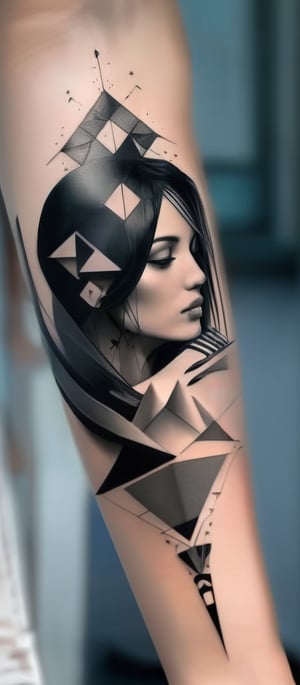 Realistic, masterpiece, high quality. A human female with a tattoo on her arm. A beautiful geometric tattoo