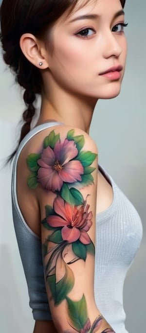 Realistic, masterpiece, high quality. A human female with a tattoo on her arm. A beautiful flower tattoo
