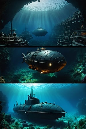 Futuristic military submarine, wide angle sea cam, beautiful deep-sea strobe lighting, underwater caustics, very detailed, twenty thousand leagues under the seas and journey to the center of the earth, the extraordinary voyages of jules verne, art nouveau scenario by fritz lang and pieter bruegel, bernardo belloto and ansel adams landscape, the abyss vfx by james cameron