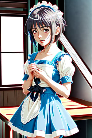 1girl, hair short, hair blue, maid_costume, cute, nagato_yuki, 4K, anime