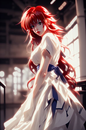 girl, rias gremory, red hair, long hair, shirt white, blue eyes, costume elegant, 4K, anime,