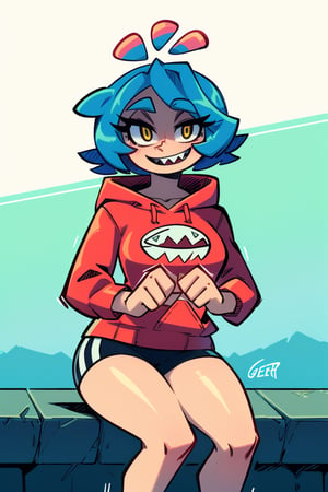 High Quality, Master piece, beautiful, solo female, perfect anatomy, perfect hands, beautiful woman, school scenery, better_hands, Gerph, Skarpne, blue hair, short hair, Shark teeth, red hoddie, black shorts, nasty smile, fullbody potrait