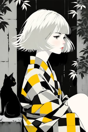 A solo girl with pale skin and short hair sits on a mottled park cement seat amidst wiltered leaves and branches. She wears a black/white checkerboard Japanese kimono dress with citrus hair accessories and a bob haircut with lash-grazing bangs/fringe. A large, dark cat overlaps her side view, unmoving in a flat pattern reminiscent of Albert Dubout's style. The scene is set against a grass green raw concrete background, with the girl's pale skin and dark cat forming an striking contrast.