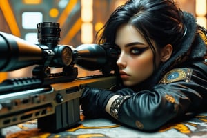  a female sniper lying in wait with a sniper rifle, full body, side view, she is Hidden whereabouts and focused eyes, intense gaze, in the style of Gustav Klimt, transisitorpunk and Nanopunk, goth girl, sci-fi, 