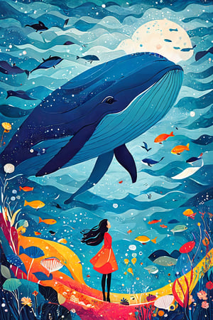 The illustration art should be negative space, minimalist and flat colors, in the style of Keith Negley,  The art style should be flat, vintage retro, lofi, simple yet detailed, and in vector format, break, 1 girl\(land\), 1 big blue whale\(cloud\), sea ​​of ​​clouds, white mountain,  sardines, jellyfish, scallop, snow,Movie Poster,MoviePosterAF