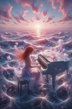 A serene oceanic landscape: soft pink and purple sunset hues casting a warm glow on the glassy water's surface. A vintage white classical piano drifts effortlessly across the calm sea, its polished surface reflecting the fading light. A young anime girl with vibrant orange hair sits beside it, her closed eyes and parted lips conveying musical focus as she plays a gentle melody. Her hands move deftly over the black keys, lost in the harmony. Musical notes swirl like ocean waves around her, taking on a dreamy Lofi quality, as if the music has taken visual form.