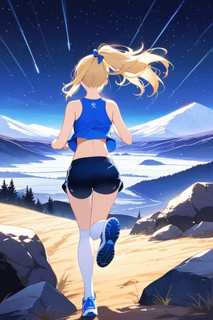 (masterpiece:1.2), best quality, ultra-detailed, 8K, A girl, ((running)), night,toned perfect body proportions, blonde hair, blonde ponytail hair, wearing a blue sports top, navel, blue floaty shorts, white knee-high socks,  running shoes ,black|white, trail running uphill on a foggy matte black mountain road, The road is made of dirt and stones, with the camera view from behind looking forward, deep in focus, mountain, rock, shooting star, Wasteland style background, real_hands, better_hands, hands,