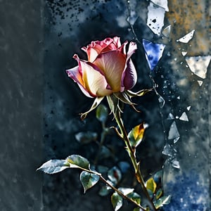 3point perspective, Generate an image of a delicate waning, withered watercolor rose unfolding its petals against a dark, icy glass_debris backdrop, captured in soft focus with 16K resolution photography and film grain/stippling effects adding texture. The rose's curves are surrounded by vibrant, dotted particles creating a mesmerizing digital sheen, ((lots of glass shards burst in the picture)):1.5, drawn to the rose's ethereal beauty, repel and attract , Dramatic lighting casts long shadows, while volumetric lighting adds depth to the frozen glass fragments, The dark, cold glass fragments background and dramatic lighting create a contrasting atmosphere, emphasizing the toughness and light of roses in adversity, ,watercolor \(medium\)