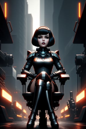 (Masterpiece: 1.2), (a woman), best quality, ultra-detailed, 8k, HDR, highres,（absurdres:1.2）, a mechanical woman sits on a slowly descending metal flying chair, overlooking the viewer below, facing forward, (show legs), (eyes closed), bob haircut, short hair, makeup, parted lips, black lipstick, eyeliner, gothic girl style, with a bob haircut with bangs, full body, wearing translucent robot show the mechanical structure of nanotechnology of it’s body and leg, for her complex creatures and mechanics inside, chair on a wasteland, (hand with heavy machine gun), full body, front view, from below, movie backlight, backlight, wasteland background, dark theme, sci-fi, Kodak portra 400, film grain,